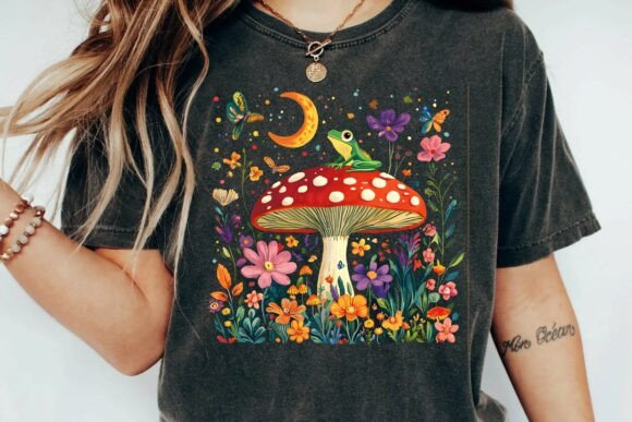 Download Vintage Cottagecore Frog Sitting on Mushroom Moon Flower Garden PNG - Vintage Collection