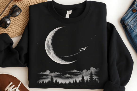 Download Moon Airplane Vintage Night Sky PNG - Vintage Collection